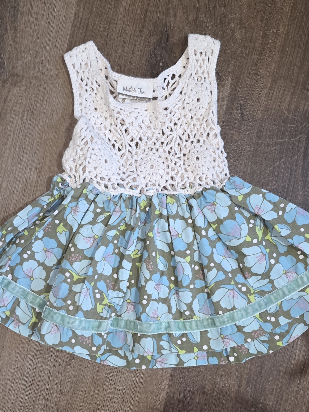 Matilda Jane Cream Crochet Bodice Floral Skirt Dress - Blue & Green Accents